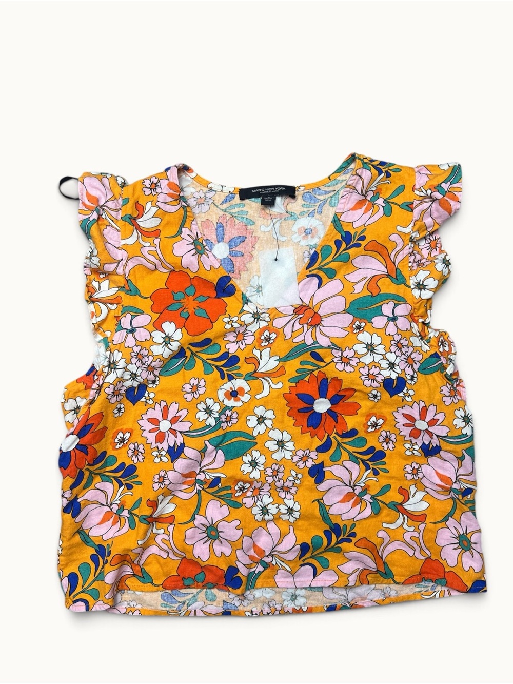Marc New York Floral Linen Blend Ruffle Sleeve V Neck Blouse Orange Boho